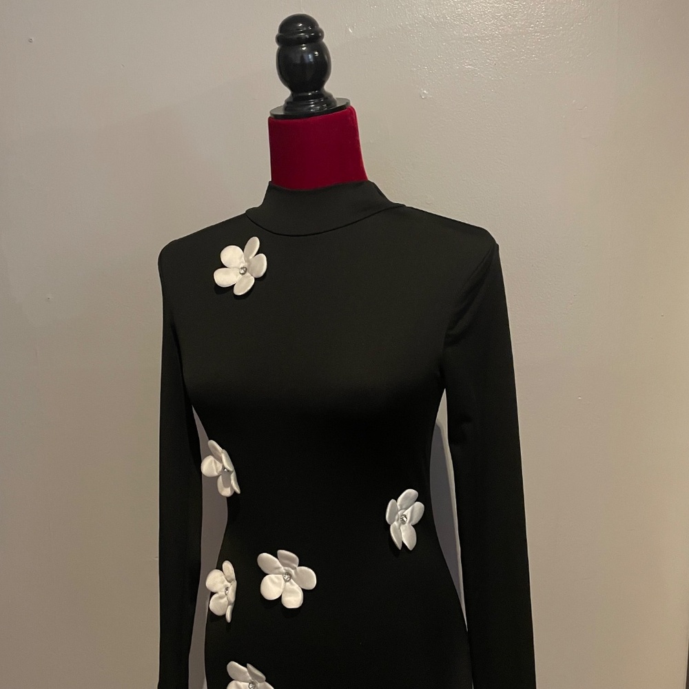 SHEIN White Floral Decor Black Stand Collar Long Sleeve Maxi Dress Size XXS - Picture 3 of 16